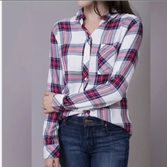 Rails Tops - Rails Hunter White Rose Navy Plaid Long Sleeve M Medium 100% Rayon